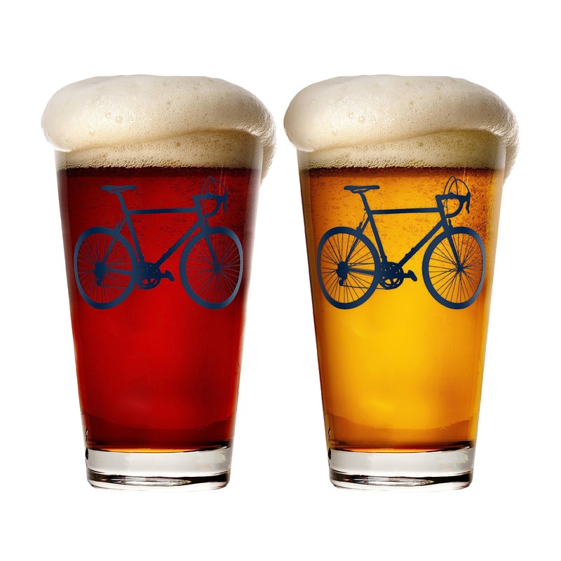Greenline Goods - Bicycle Beer Glasses (Set of 2) |16 oz Drinkware with Colorful Cyclist Designs | Premium Decorative Glassware | Unique Gifts for Cyclists & Bike Riders [Navy] - Image 1